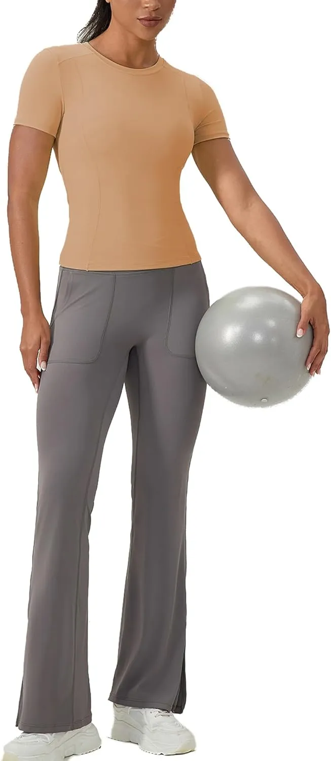 Women's Compression Shirts Short Sleeve Crewneck Athletic Nylon Workout Tops Yoga Gym Quick Dry Tee Shirts