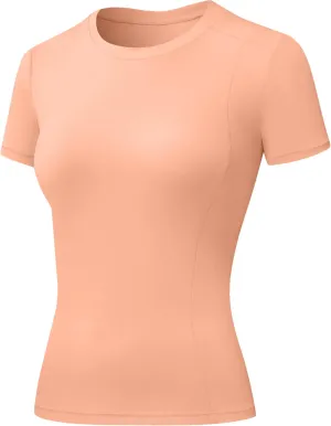 Women's Compression Shirts Short Sleeve Crewneck Athletic Nylon Workout Tops Yoga Gym Quick Dry Tee Shirts