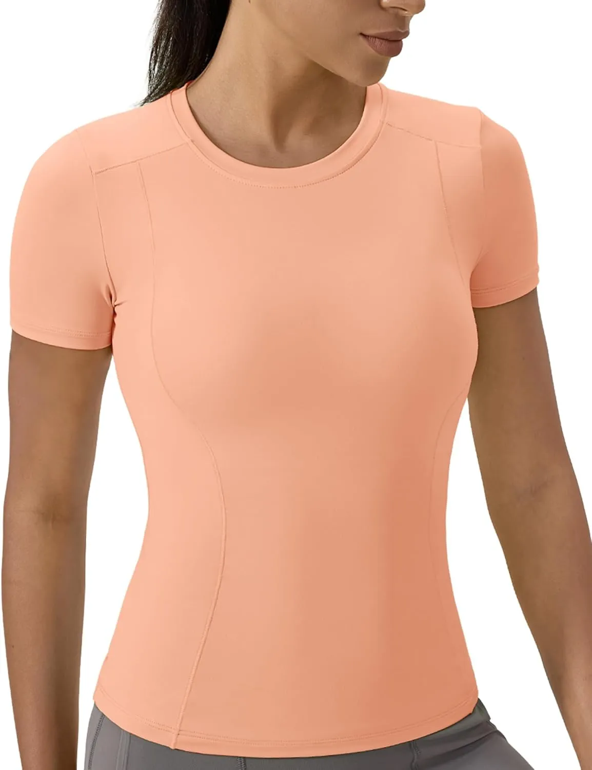 Women's Compression Shirts Short Sleeve Crewneck Athletic Nylon Workout Tops Yoga Gym Quick Dry Tee Shirts