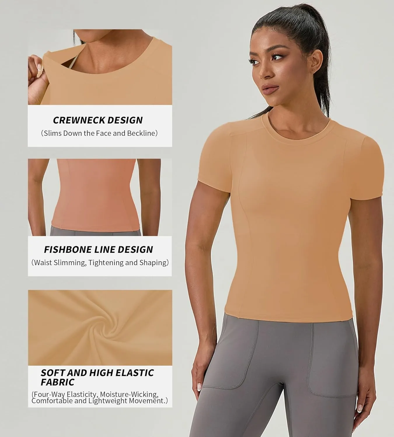 Women's Compression Shirts Short Sleeve Crewneck Athletic Nylon Workout Tops Yoga Gym Quick Dry Tee Shirts