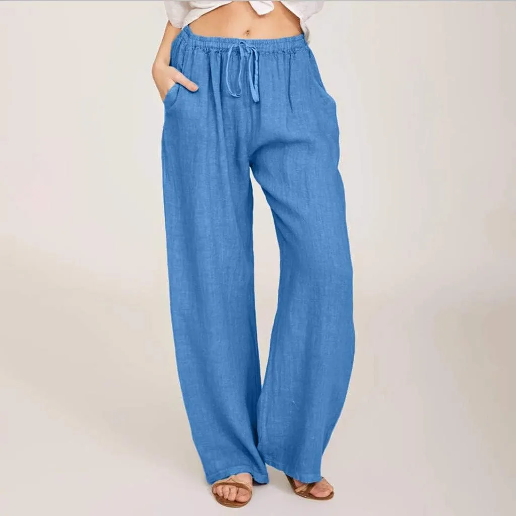 Women's Cotton Linen Pants Casual Elastic Waist Wide Leg Pants 2023 Summer Loose Fit Drawstring Beach Lounge Trouser Pockets