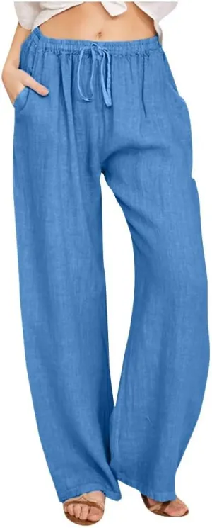 Women's Cotton Linen Pants Casual Elastic Waist Wide Leg Pants 2023 Summer Loose Fit Drawstring Beach Lounge Trouser Pockets
