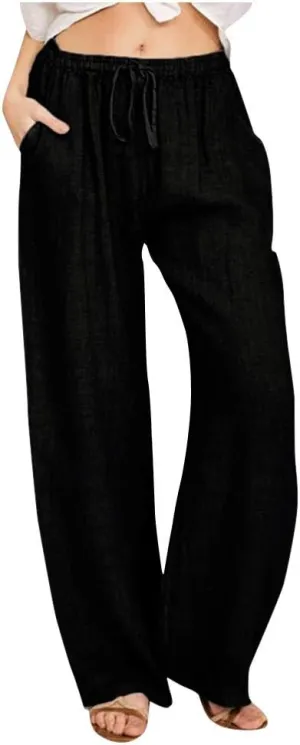 Women's Cotton Linen Pants Casual Elastic Waist Wide Leg Pants 2023 Summer Loose Fit Drawstring Beach Lounge Trouser Pockets