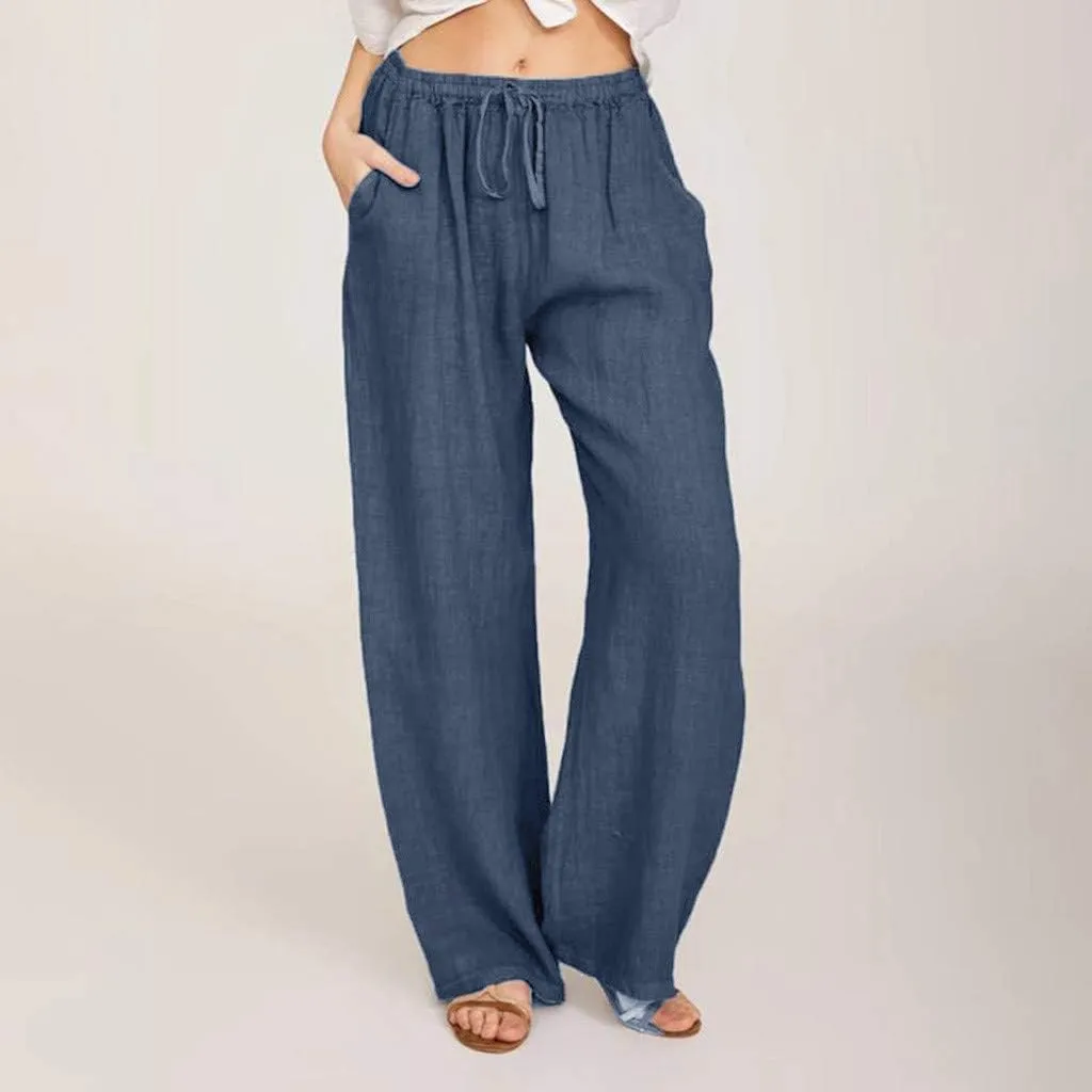 Women's Cotton Linen Pants Casual Elastic Waist Wide Leg Pants 2023 Summer Loose Fit Drawstring Beach Lounge Trouser Pockets