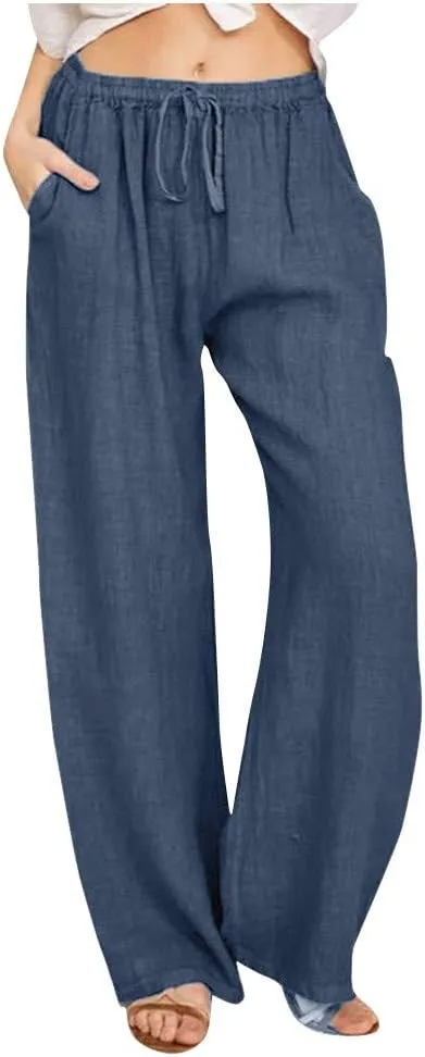 Women's Cotton Linen Pants Casual Elastic Waist Wide Leg Pants 2023 Summer Loose Fit Drawstring Beach Lounge Trouser Pockets
