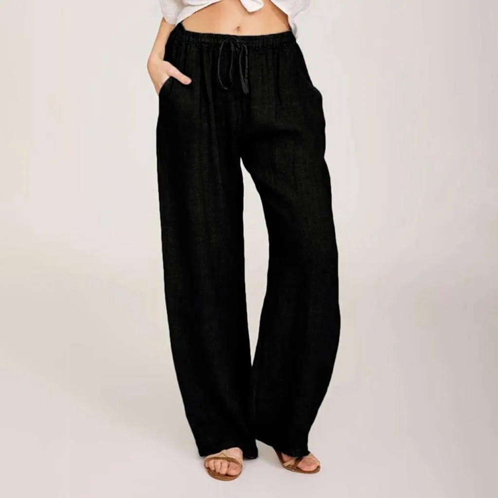 Women's Cotton Linen Pants Casual Elastic Waist Wide Leg Pants 2023 Summer Loose Fit Drawstring Beach Lounge Trouser Pockets