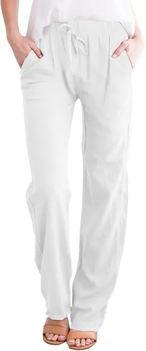 Women's Cotton Linen Pants Elastic Waist Straight Leg Beach Lounge Trousers 2024 Summer Drawstring Sweatpants with Pockets