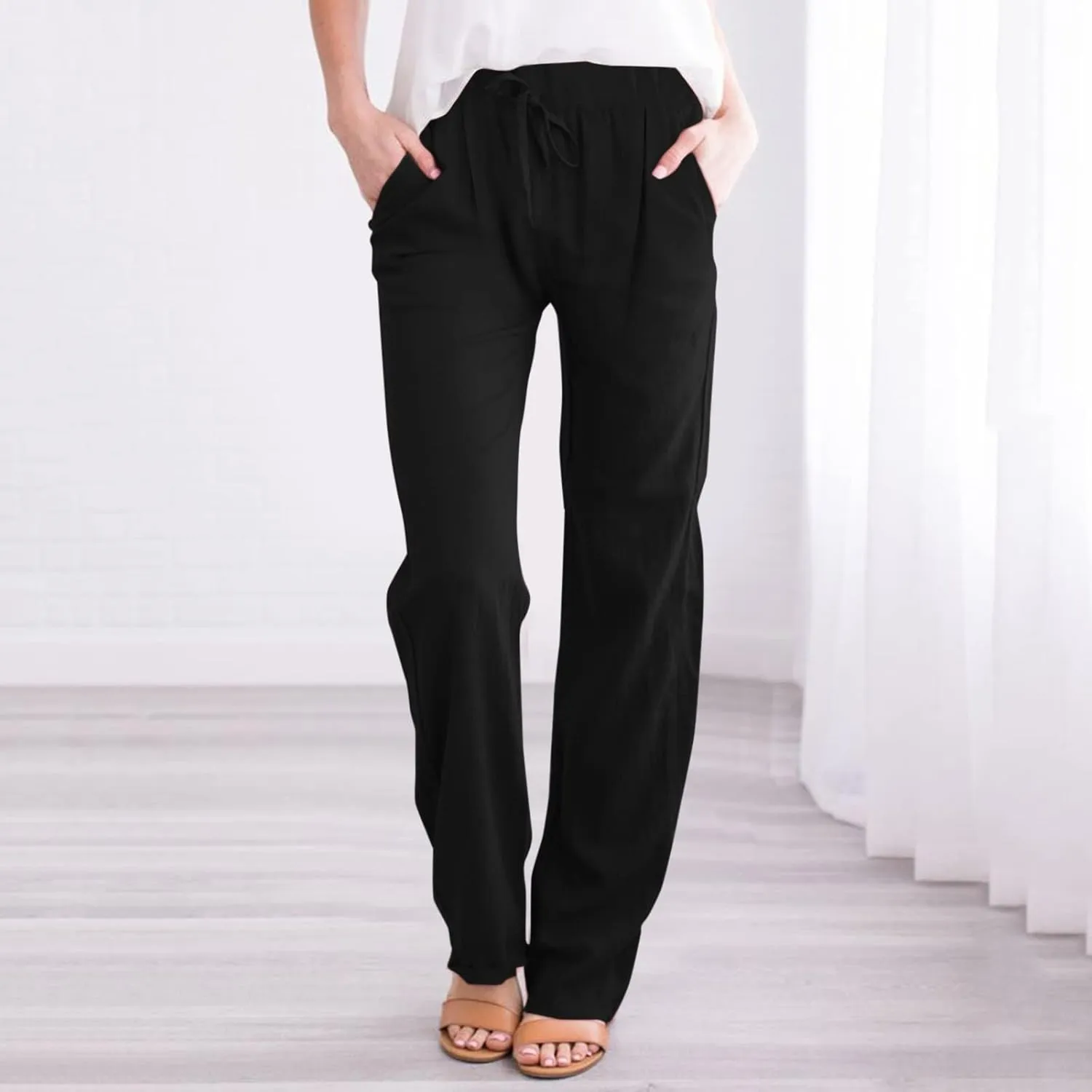 Women's Cotton Linen Pants Elastic Waist Straight Leg Beach Lounge Trousers 2024 Summer Drawstring Sweatpants with Pockets