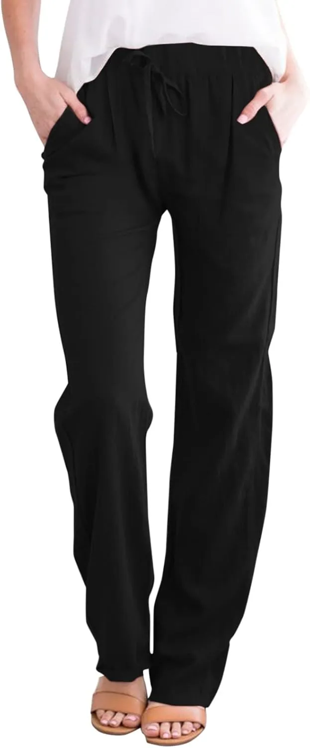 Women's Cotton Linen Pants Elastic Waist Straight Leg Beach Lounge Trousers 2024 Summer Drawstring Sweatpants with Pockets