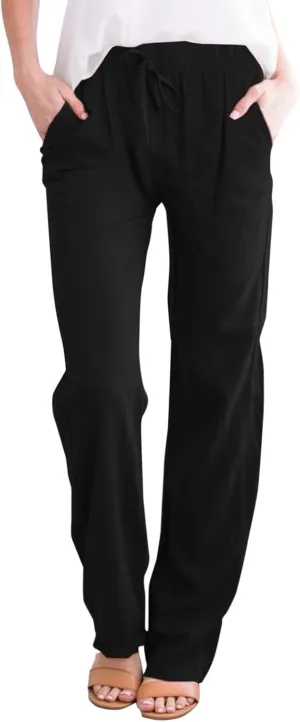 Women's Cotton Linen Pants Elastic Waist Straight Leg Beach Lounge Trousers 2024 Summer Drawstring Sweatpants with Pockets