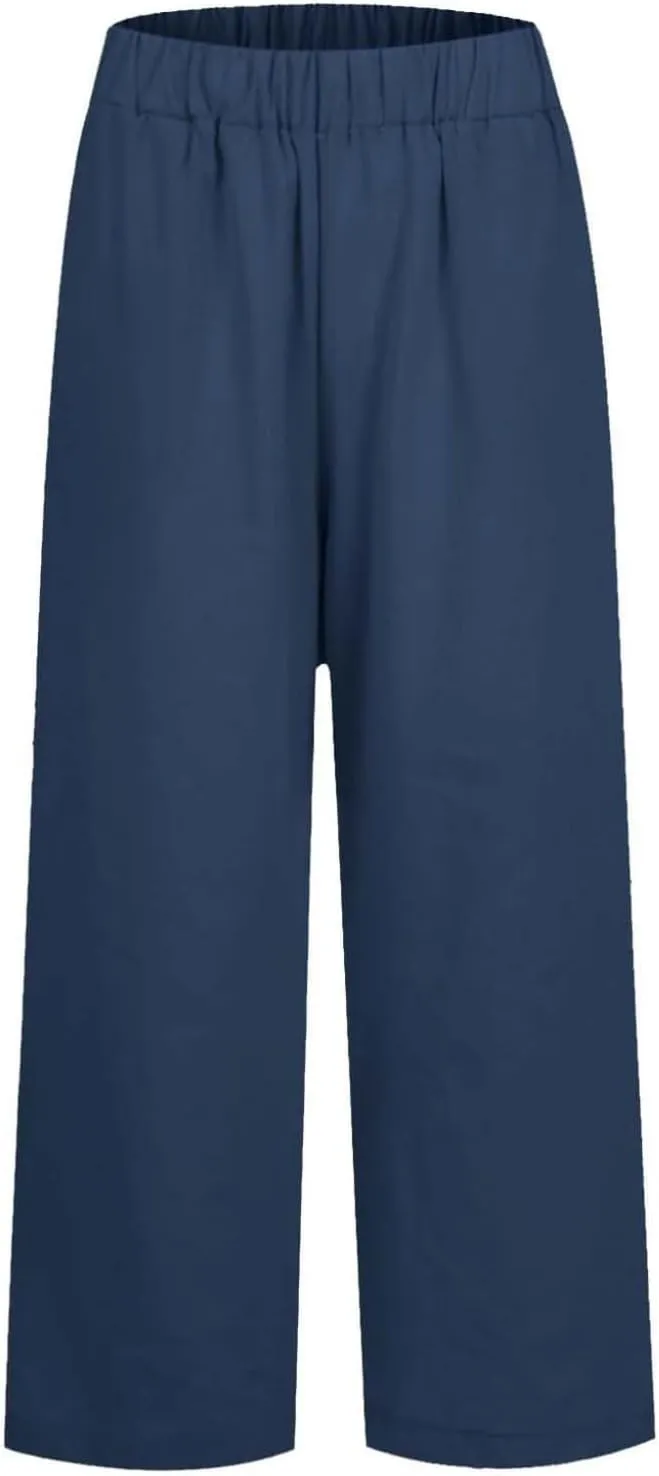Womens Cropped Cotton Linen Pants Summer Elastic Waist Straight Leg Crop Pant Casual Loose Beach Trouser with Pockets