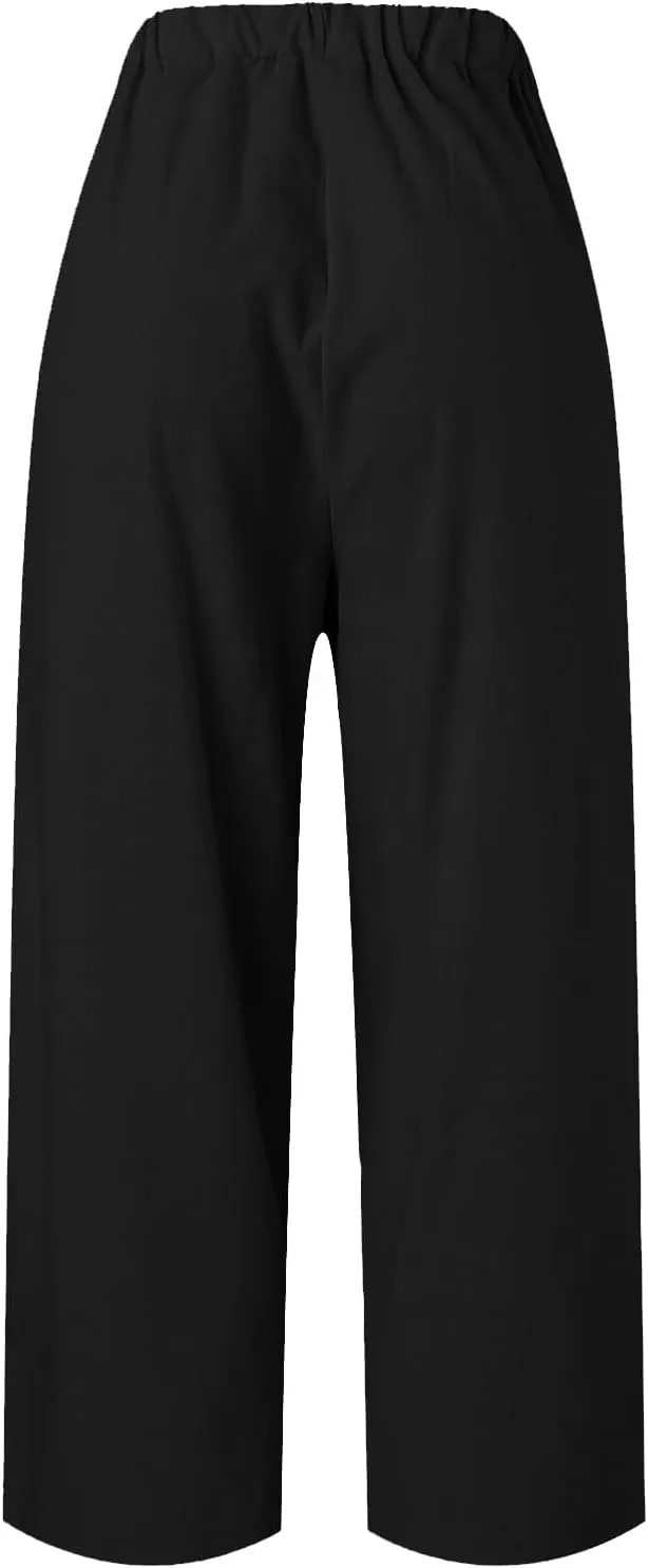 Womens Cropped Cotton Linen Pants Summer Elastic Waist Straight Leg Crop Pant Casual Loose Beach Trouser with Pockets