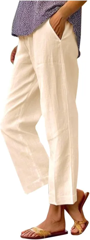 Womens Cropped Cotton Linen Pants Summer Elastic Waist Straight Leg Crop Pant Casual Loose Beach Trouser with Pockets