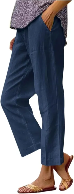 Womens Cropped Cotton Linen Pants Summer Elastic Waist Straight Leg Crop Pant Casual Loose Beach Trouser with Pockets