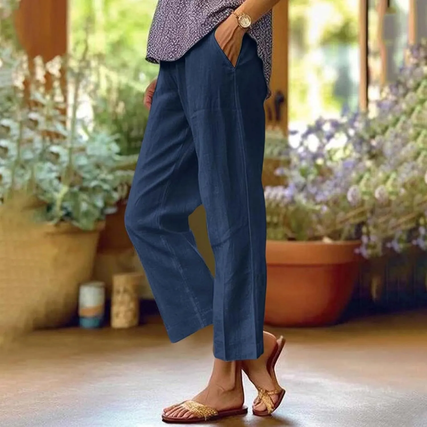 Womens Cropped Cotton Linen Pants Summer Elastic Waist Straight Leg Crop Pant Casual Loose Beach Trouser with Pockets