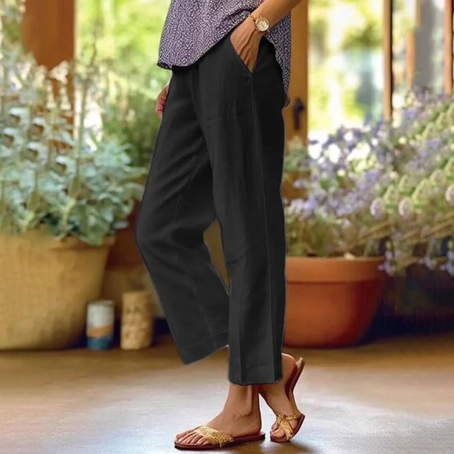 Womens Cropped Cotton Linen Pants Summer Elastic Waist Straight Leg Crop Pant Casual Loose Beach Trouser with Pockets