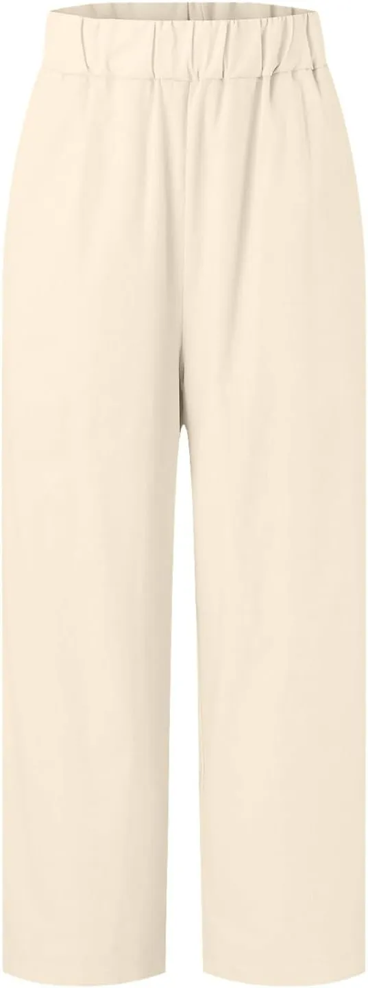 Womens Cropped Cotton Linen Pants Summer Elastic Waist Straight Leg Crop Pant Casual Loose Beach Trouser with Pockets