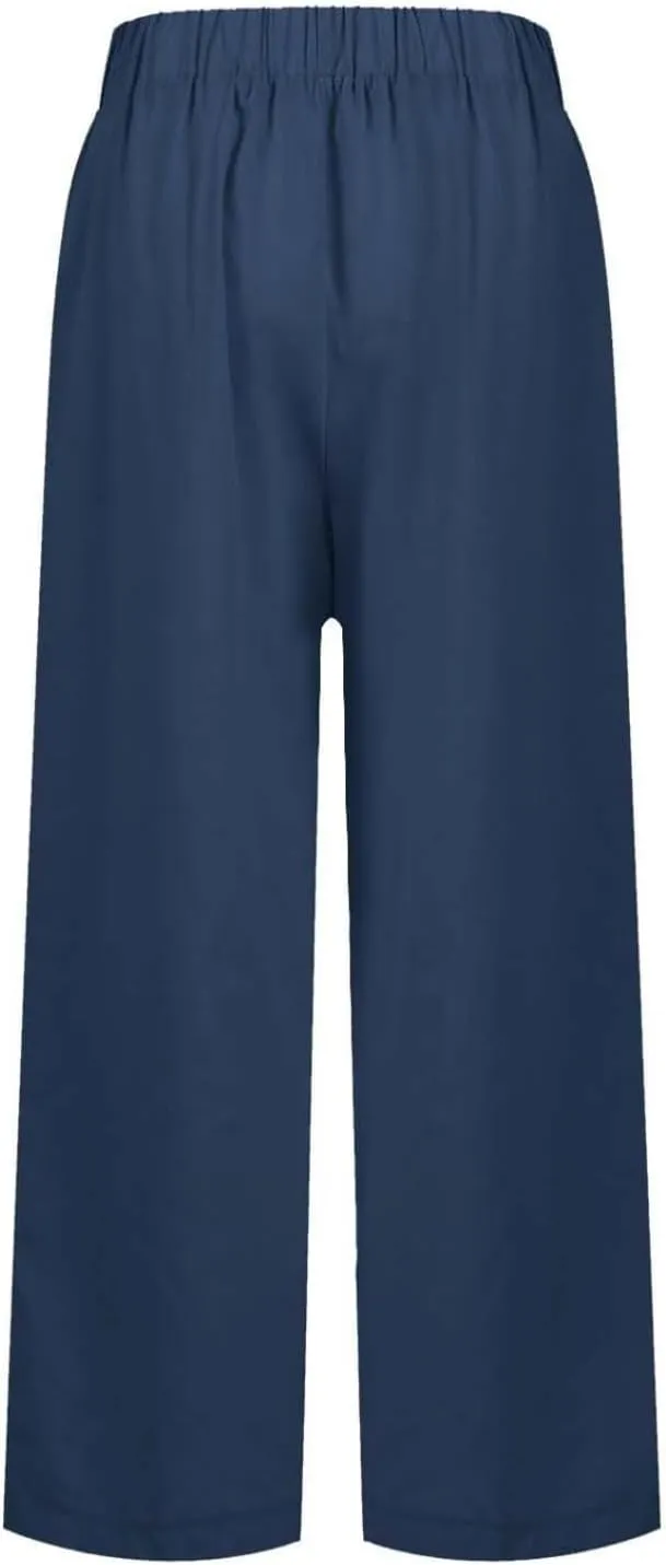 Womens Cropped Cotton Linen Pants Summer Elastic Waist Straight Leg Crop Pant Casual Loose Beach Trouser with Pockets
