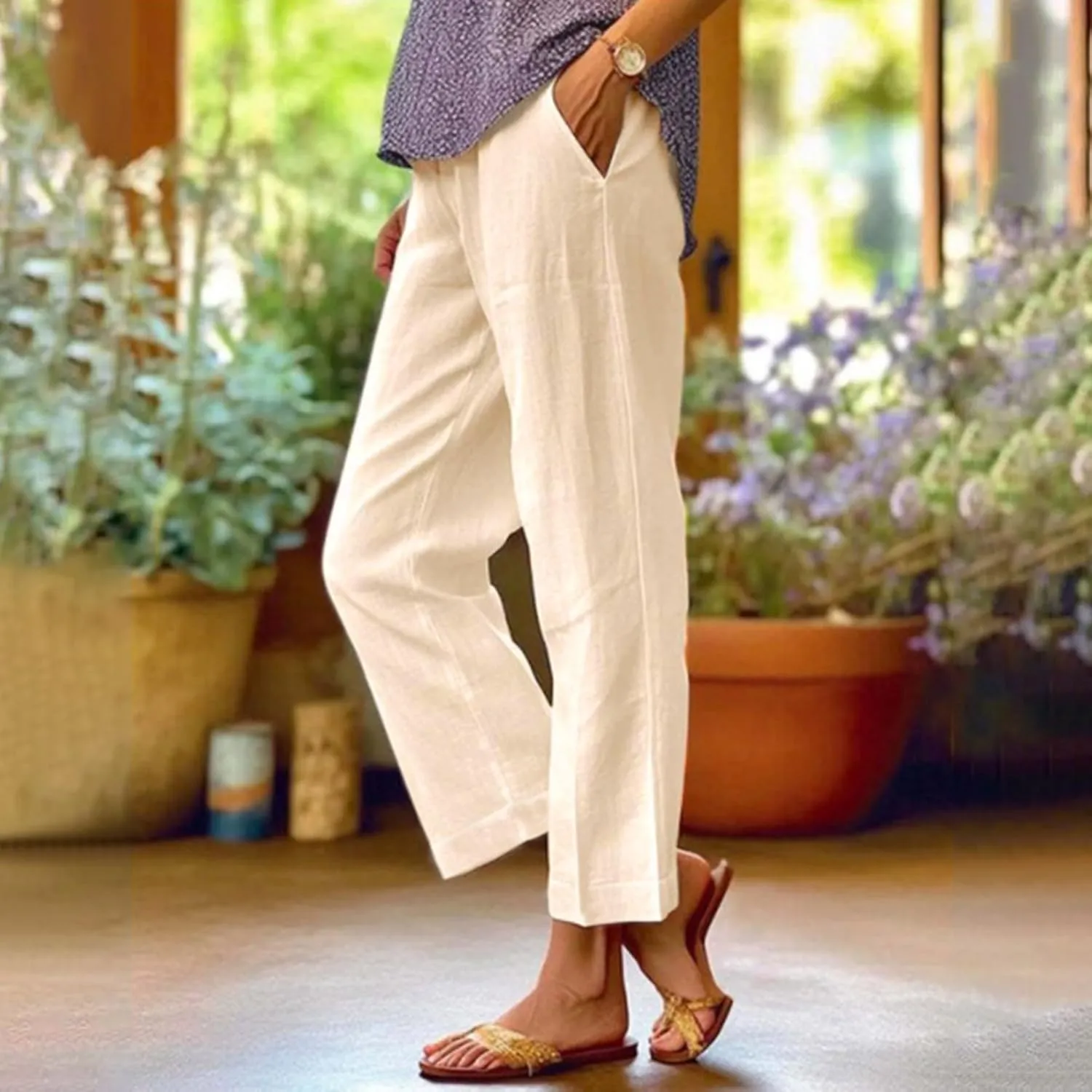 Womens Cropped Cotton Linen Pants Summer Elastic Waist Straight Leg Crop Pant Casual Loose Beach Trouser with Pockets
