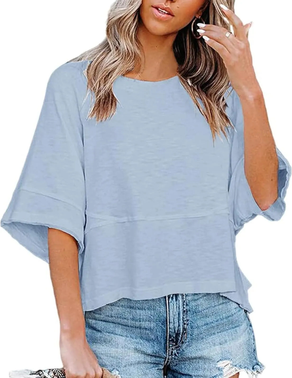 Womens Fashion T-Shirt Crewneck 3/4 Sleeves Solid Color Loose Basic Tops Summer Casual Tees Blouses