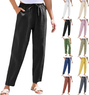 Womens Linen Pants 2025 Casual Drawstring High Waist Straight Leg Pants Lightweight Baggy Long Trousers with Pockets