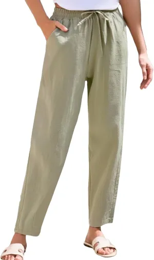 Womens Linen Pants 2025 Casual Drawstring High Waist Straight Leg Pants Lightweight Baggy Long Trousers with Pockets
