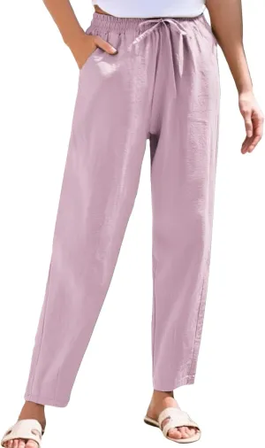 Womens Linen Pants 2025 Casual Drawstring High Waist Straight Leg Pants Lightweight Baggy Long Trousers with Pockets