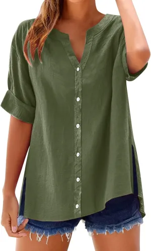 Women's Linen Shirt Stand Collar Solid Color Tops 3/4 Sleeve Casual T-Shirt Fashionable Comfy Loose Button Blouse