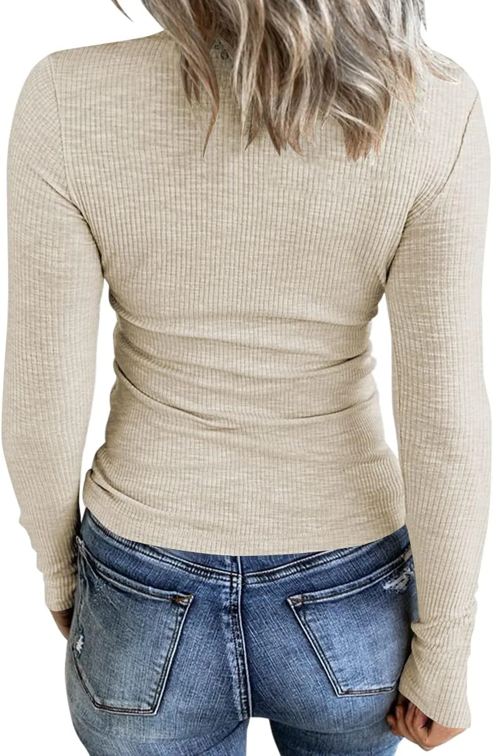Women's Long Sleeve Ribbed Knit Tops Front Ruched Henley Shirts Button Up Lace V Neck Blouses Tee