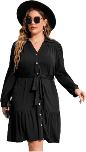 Women's Plus Size Long Sleeve Button Front Belted V Neck Ruffle Midi Shirt Dress in Wine Color