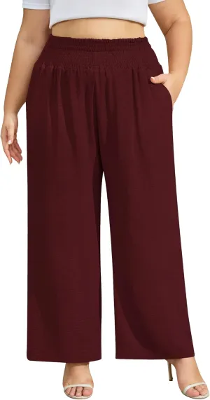 Women's Plus Size Wide Leg Pants Lounge Casual Linen Work Palazzo Flowy Summer Trousers with Pockets