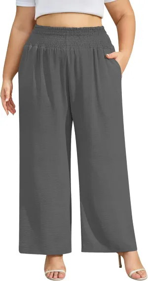 Women's Plus Size Wide Leg Pants Lounge Casual Linen Work Palazzo Flowy Summer Trousers with Pockets