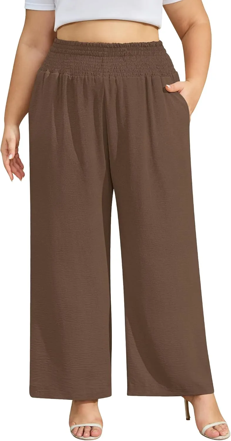 Women's Plus Size Wide Leg Pants Lounge Casual Linen Work Palazzo Flowy Summer Trousers with Pockets