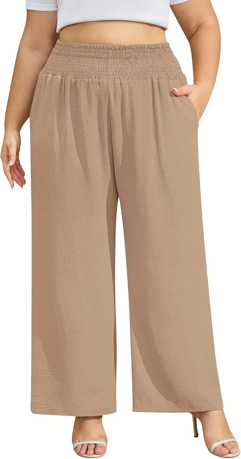 Women's Plus Size Wide Leg Pants Lounge Casual Linen Work Palazzo Flowy Summer Trousers with Pockets