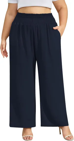 Women's Plus Size Wide Leg Pants Lounge Casual Linen Work Palazzo Flowy Summer Trousers with Pockets