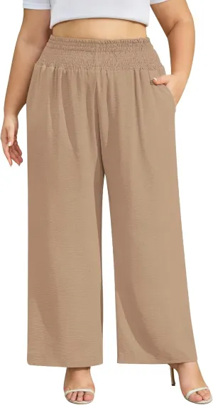 Women's Plus Size Wide Leg Pants Lounge Casual Linen Work Palazzo Flowy Summer Trousers with Pockets