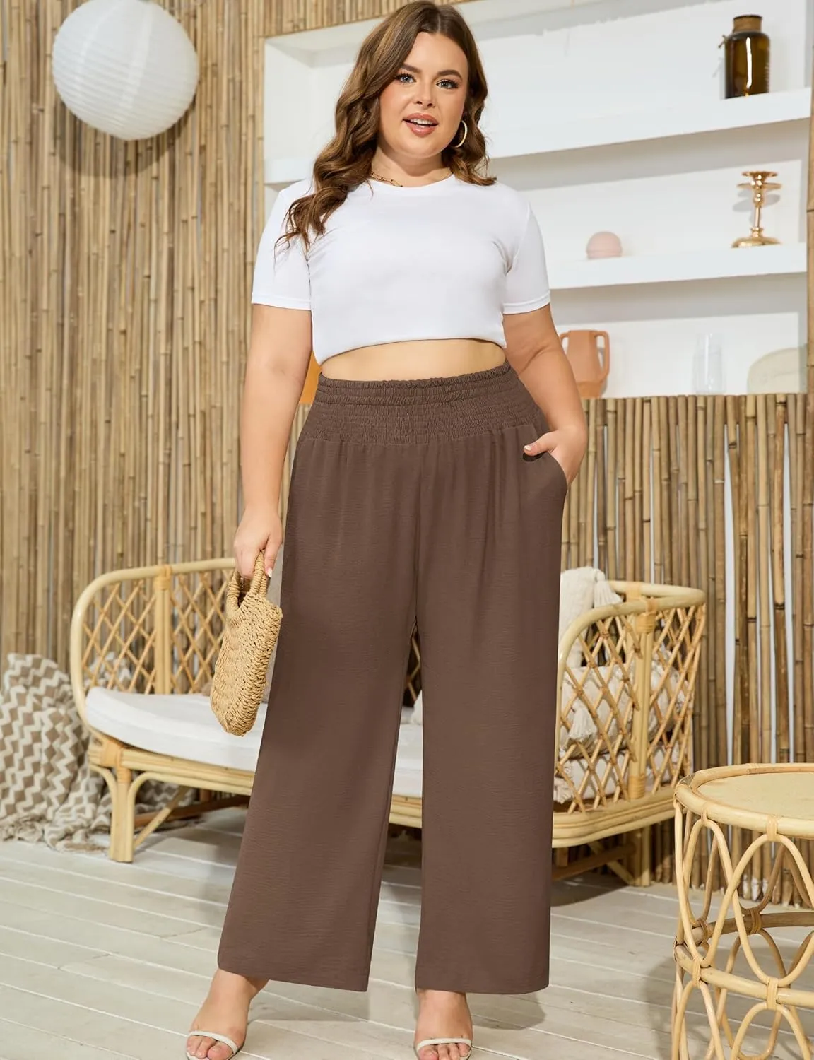 Women's Plus Size Wide Leg Pants Lounge Casual Linen Work Palazzo Flowy Summer Trousers with Pockets