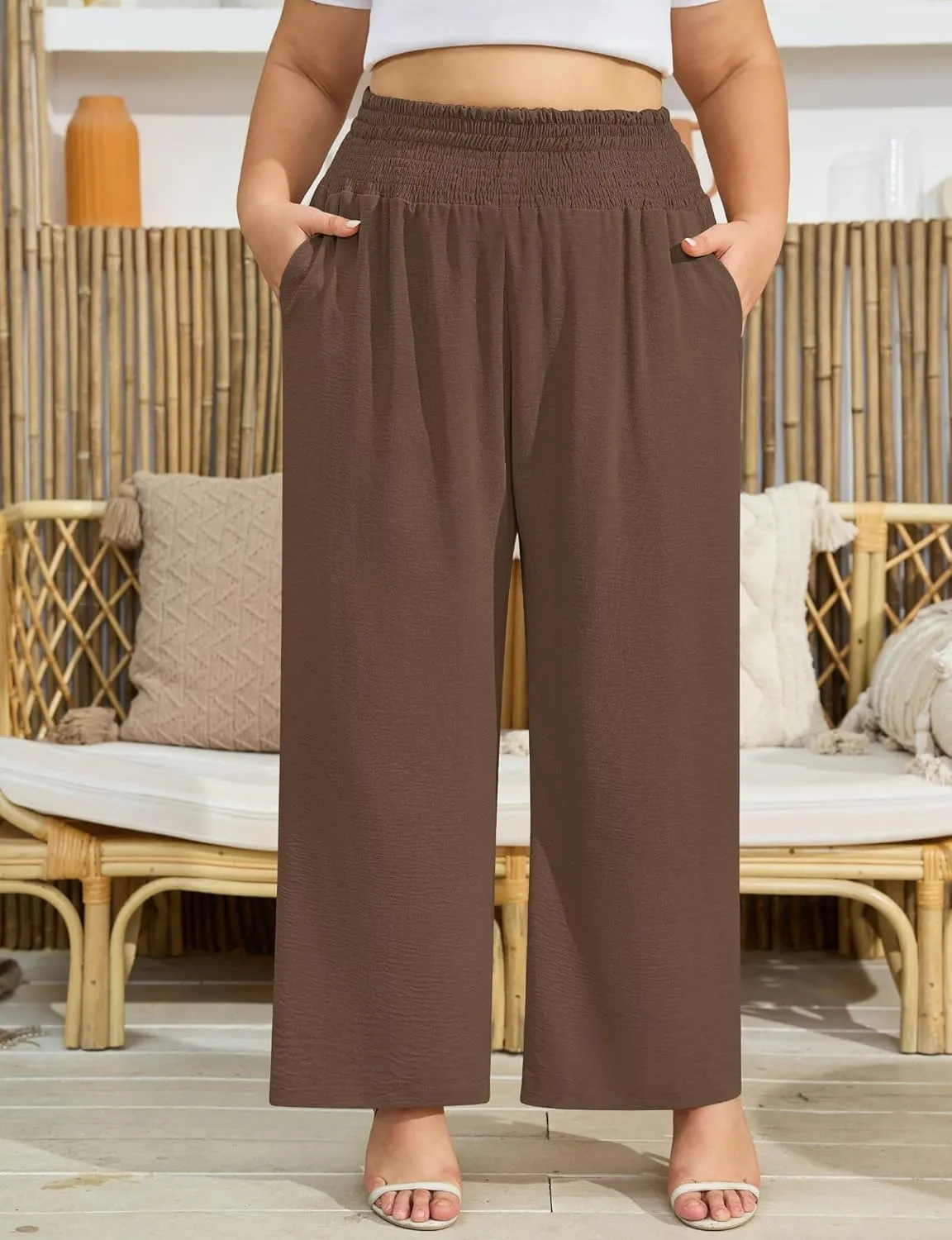 Women's Plus Size Wide Leg Pants Lounge Casual Linen Work Palazzo Flowy Summer Trousers with Pockets