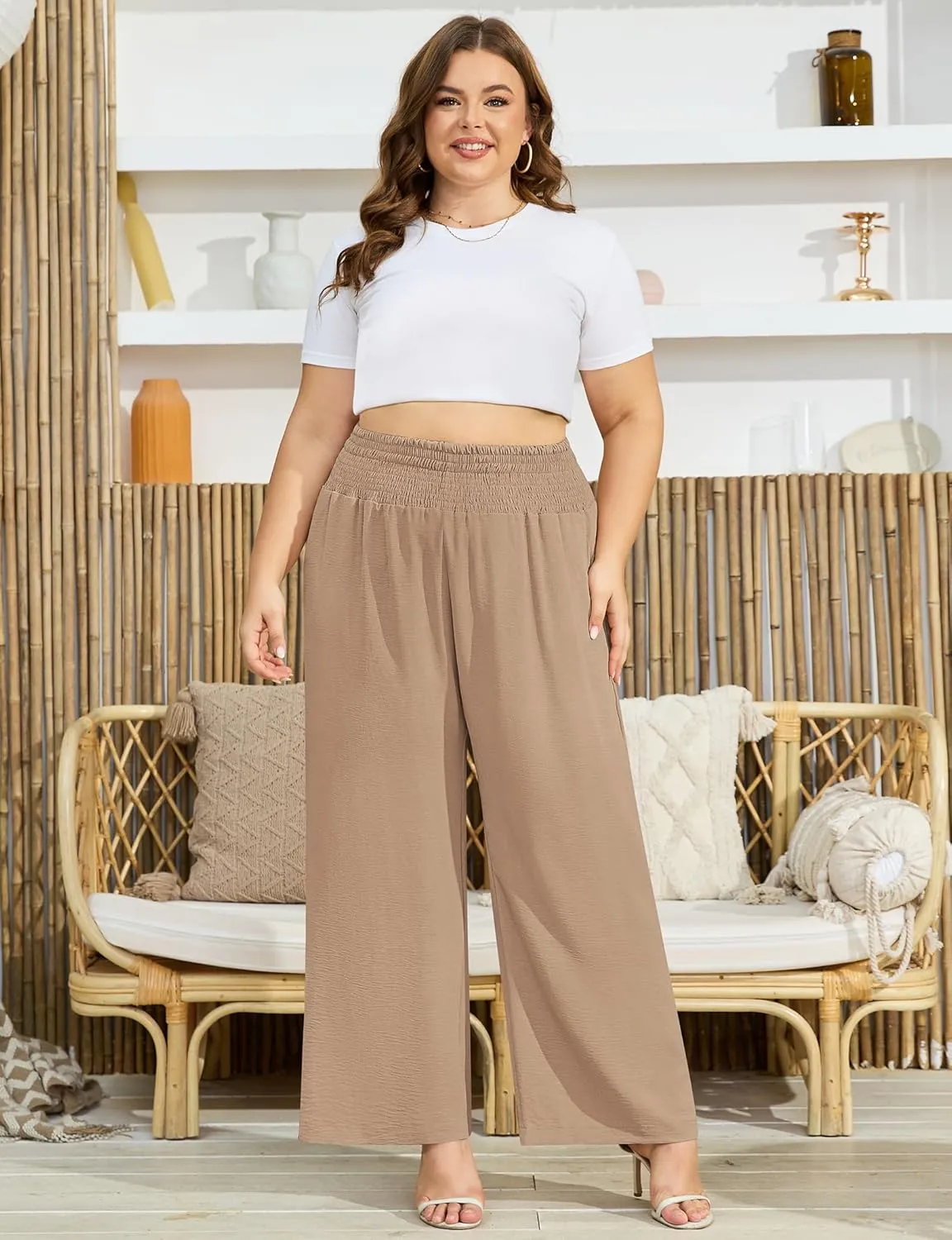 Women's Plus Size Wide Leg Pants Lounge Casual Linen Work Palazzo Flowy Summer Trousers with Pockets