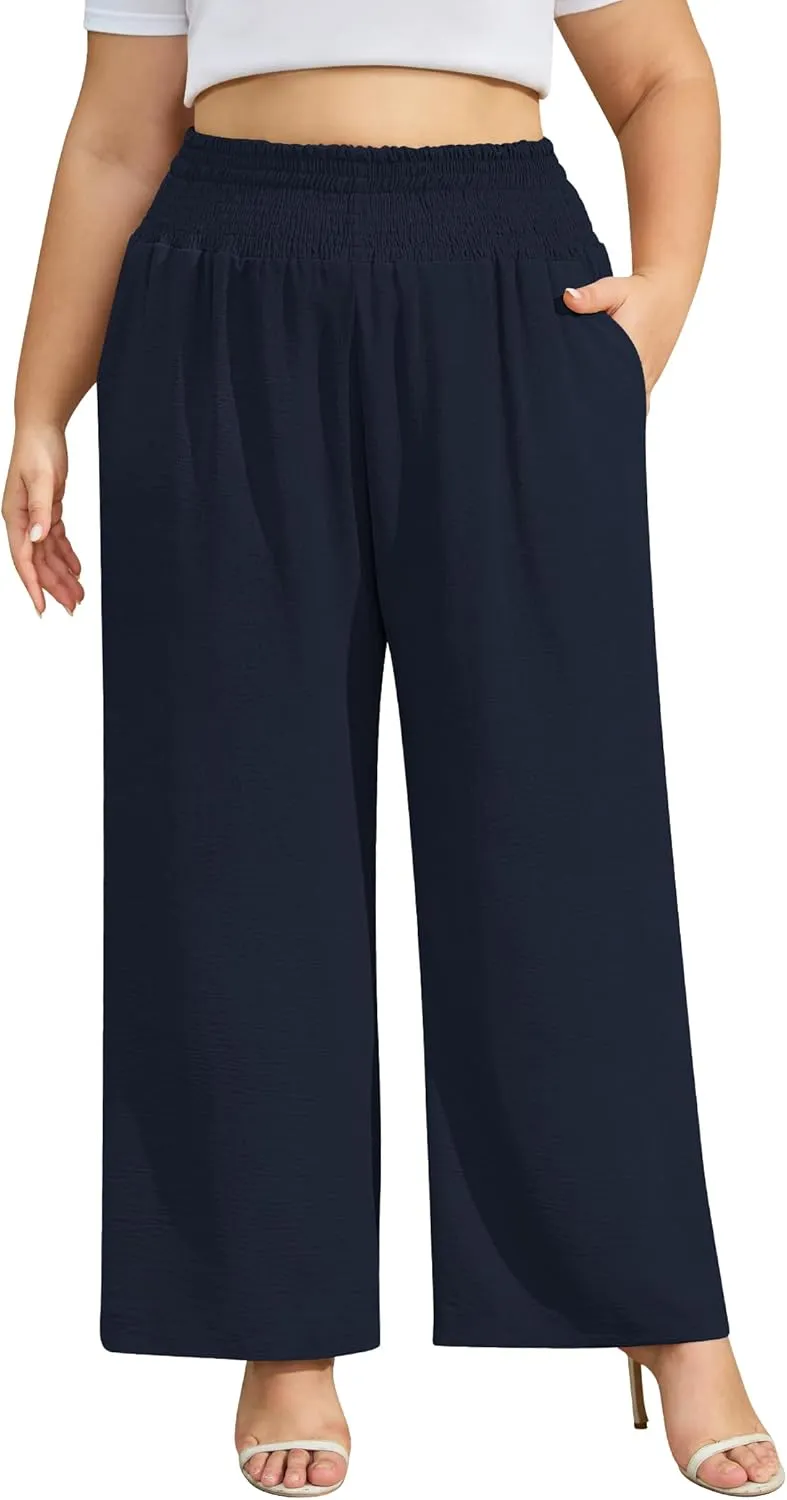 Women's Plus Size Wide Leg Pants Lounge Casual Linen Work Palazzo Flowy Summer Trousers with Pockets