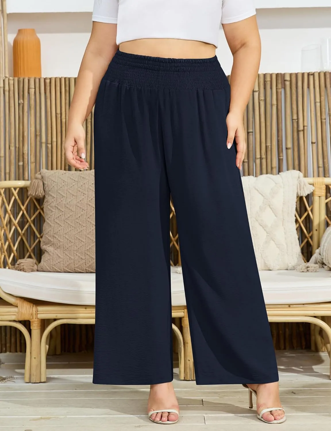 Women's Plus Size Wide Leg Pants Lounge Casual Linen Work Palazzo Flowy Summer Trousers with Pockets