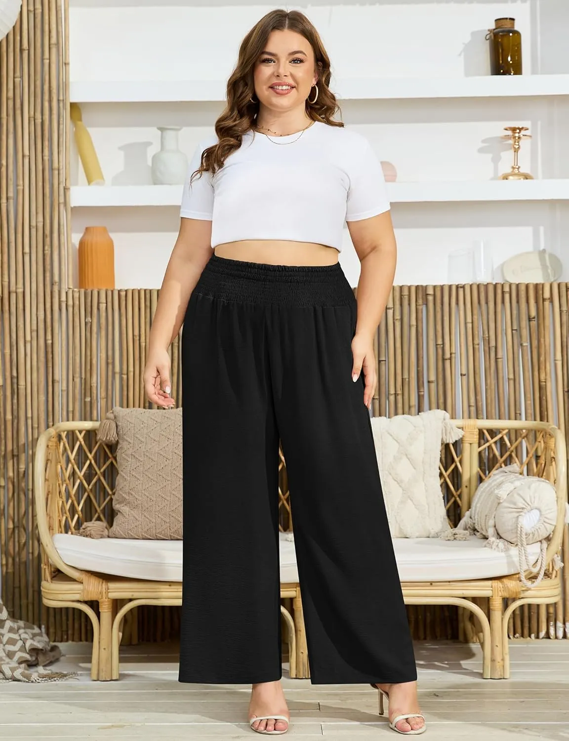 Women's Plus Size Wide Leg Pants Lounge Casual Linen Work Palazzo Flowy Summer Trousers with Pockets