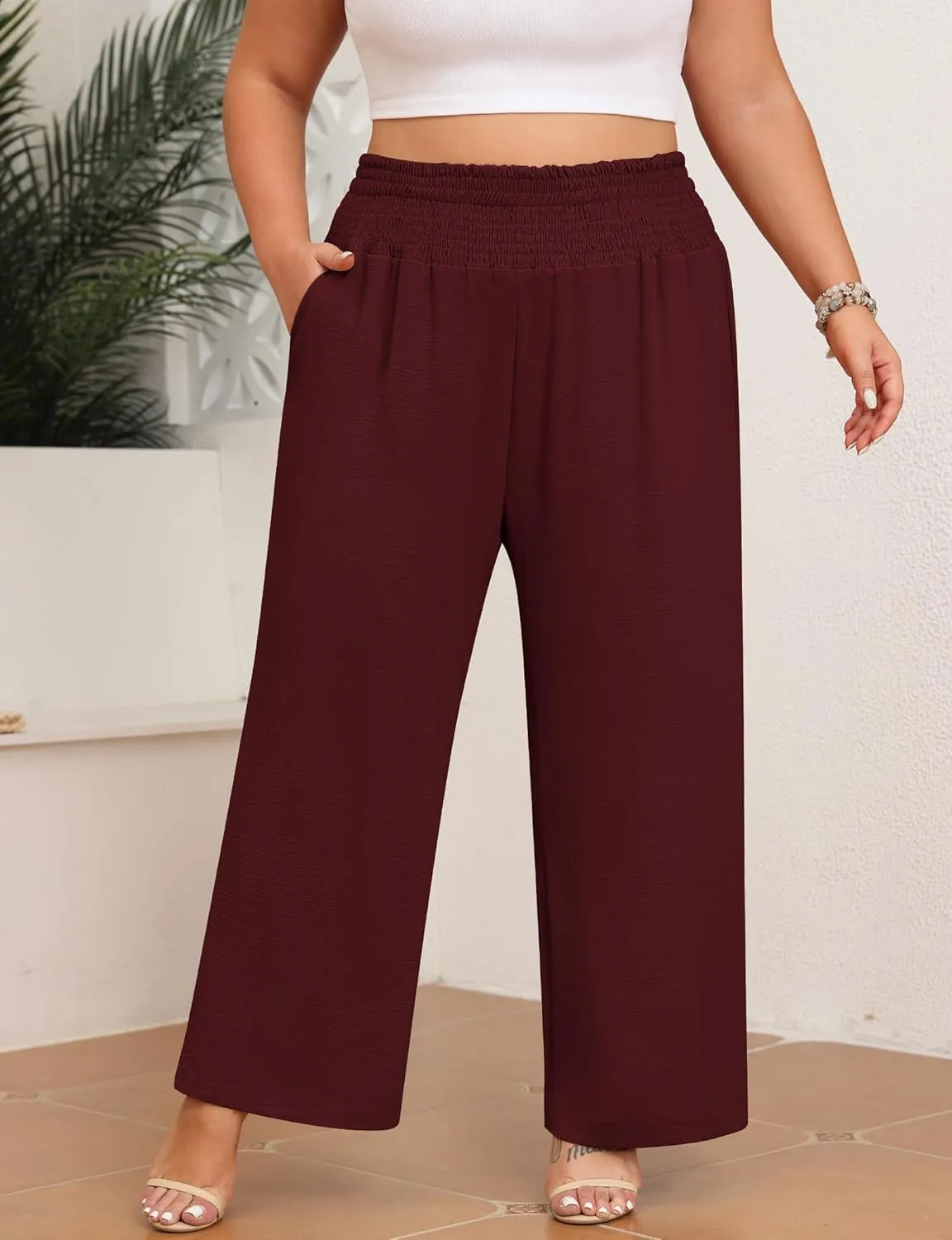 Women's Plus Size Wide Leg Pants Lounge Casual Linen Work Palazzo Flowy Summer Trousers with Pockets