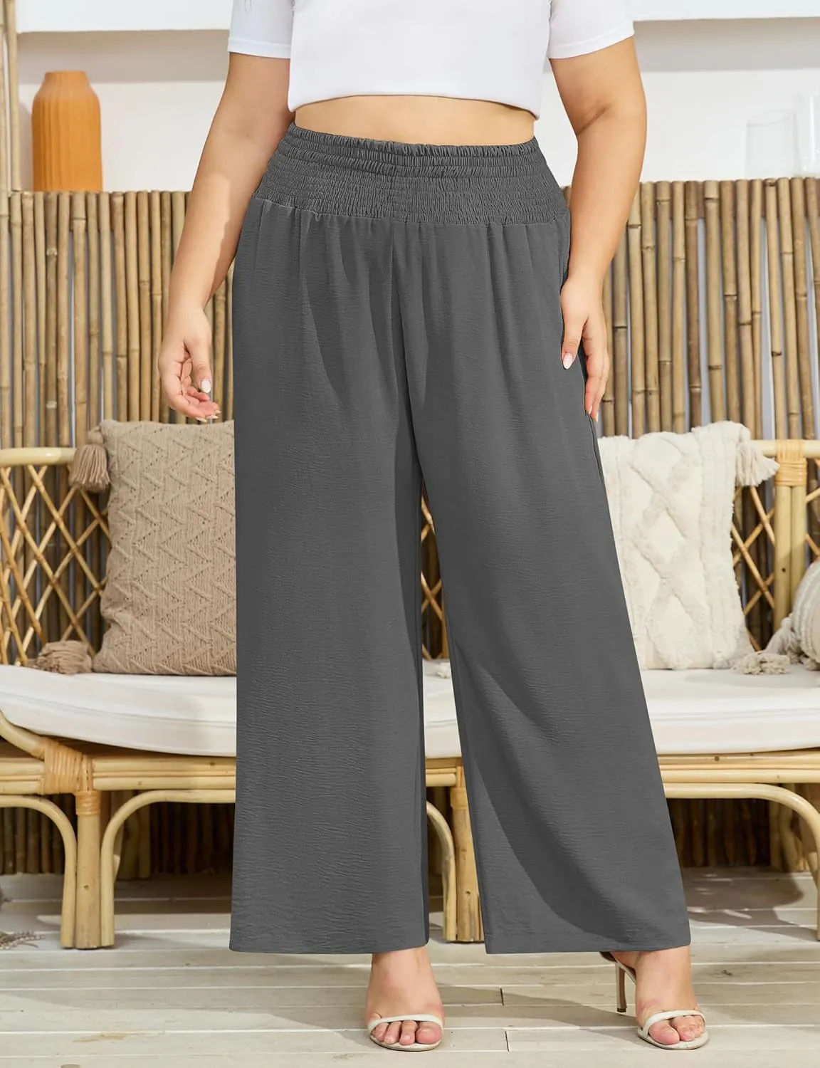 Women's Plus Size Wide Leg Pants Lounge Casual Linen Work Palazzo Flowy Summer Trousers with Pockets