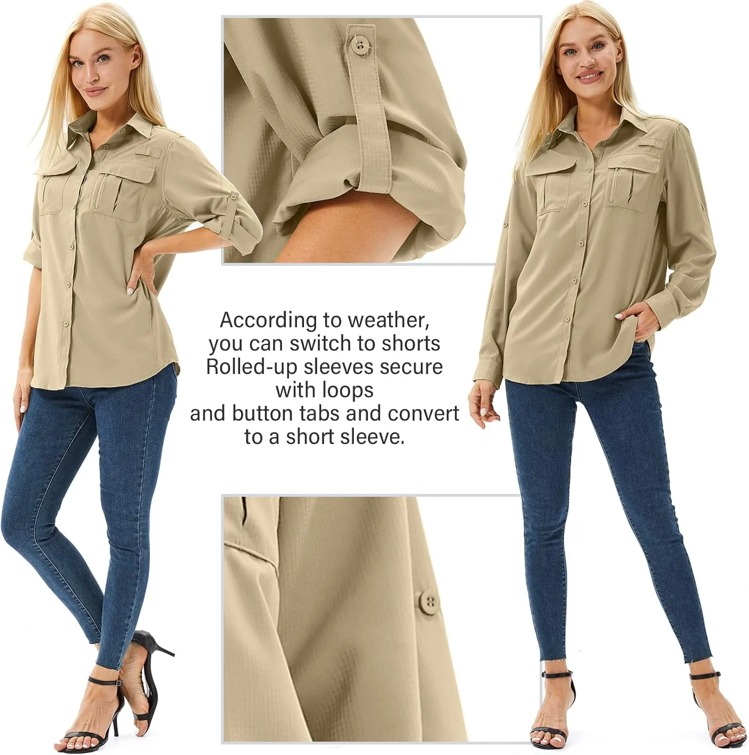 Women's Safari Shirts Long Sleeve Hiking Fishing UV Sun Protection UPF 50 ,Quick Dry SPF Breathable Shirts