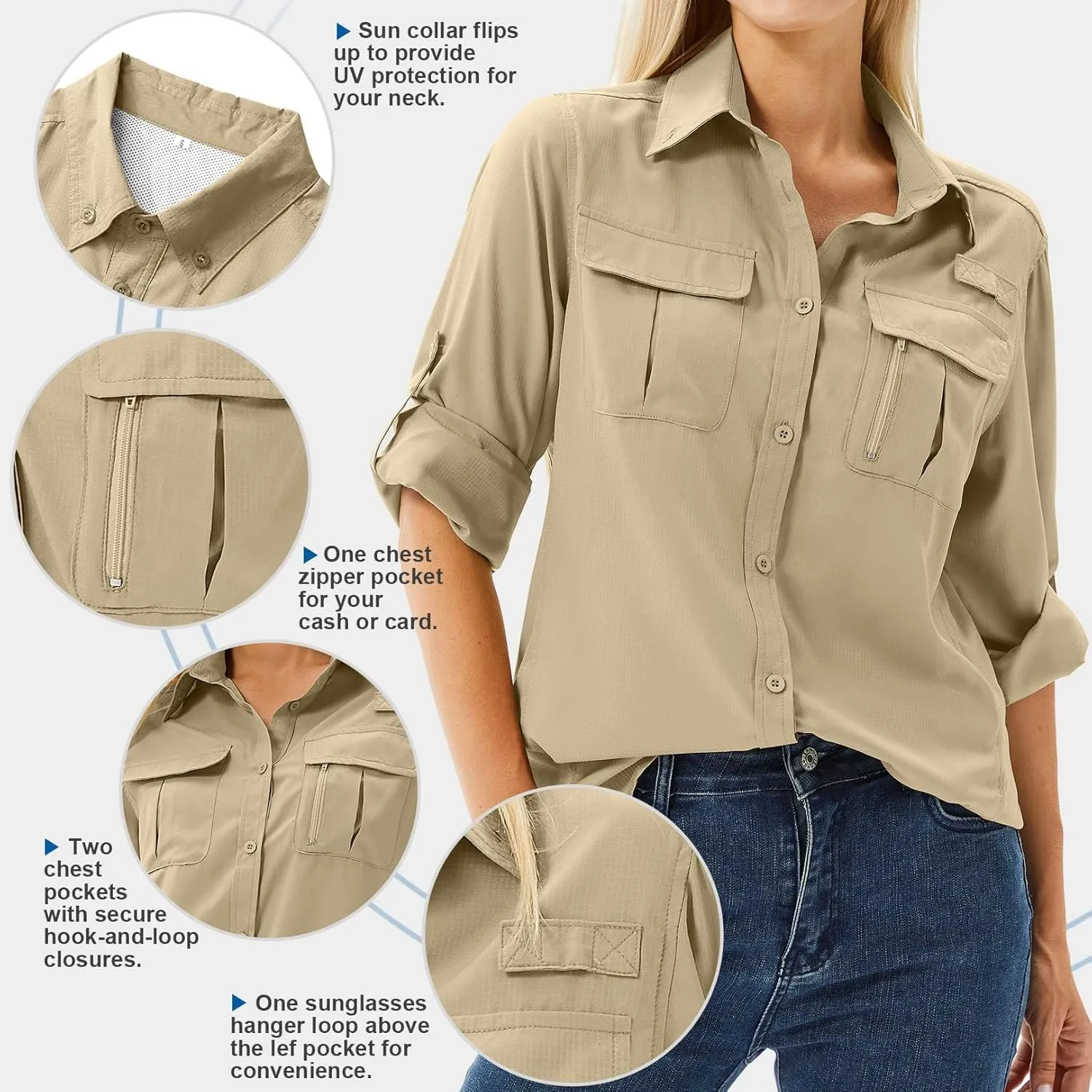 Women's Safari Shirts Long Sleeve Hiking Fishing UV Sun Protection UPF 50 ,Quick Dry SPF Breathable Shirts