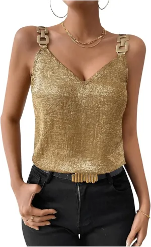 Women's Sequin Tops Metal Chain Strap V Neck Tank Tops Sparkly Sleeveless Camisole Shirts