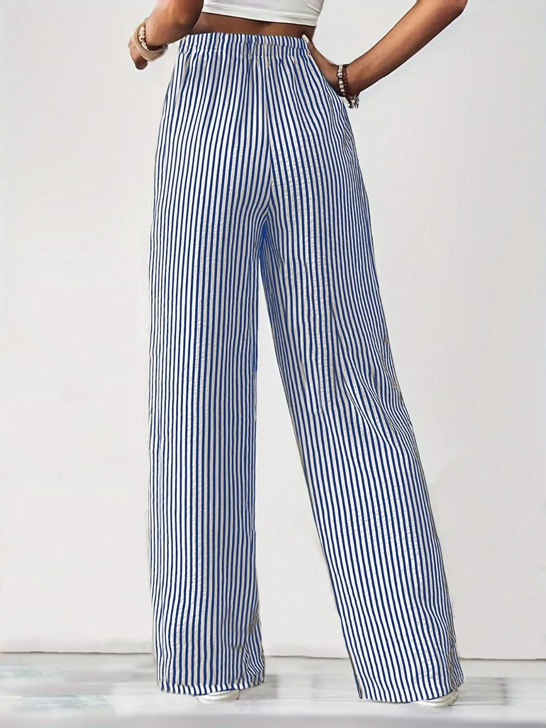Women's Striped Straight Leg Pants - High Waist Casual Trousers Elastic Workwear Lounge Pants for Daily Office Outfits