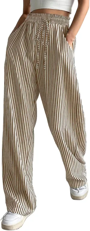 Women's Striped Straight Leg Pants - High Waist Casual Trousers Elastic Workwear Lounge Pants for Daily Office Outfits