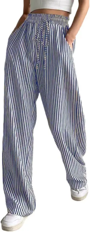 Women's Striped Straight Leg Pants - High Waist Casual Trousers Elastic Workwear Lounge Pants for Daily Office Outfits
